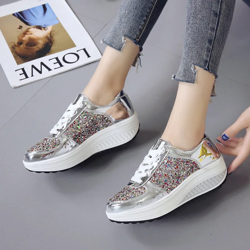 2026 Women's Fashion Sneakers Lace-up Platform Wedges Sequined Decorative Walking Rock Shoes Comfortable Sport Jogging Tennis