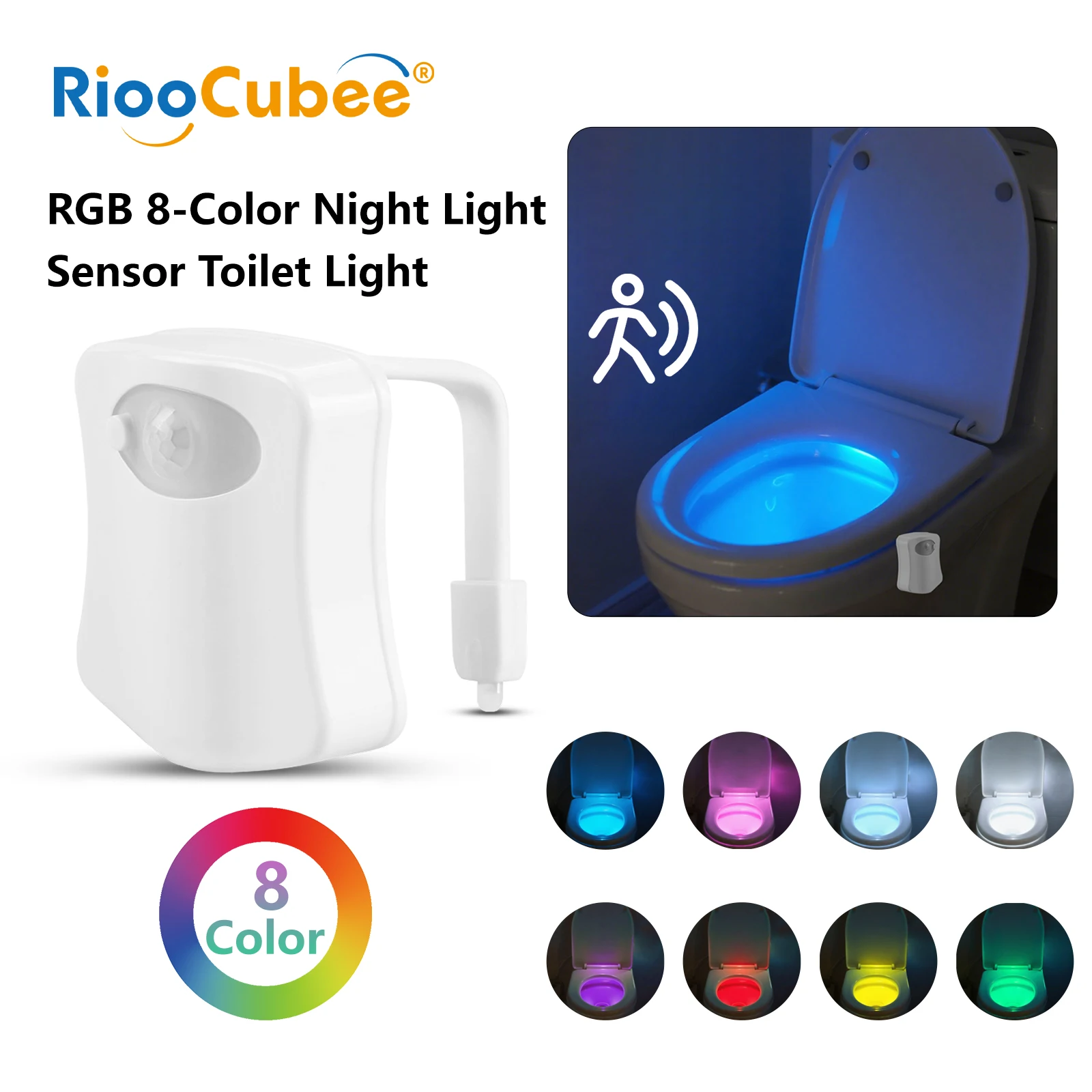 

RiooCubee RGB Motion Sensor Night Light for Toilet Bathroom 8-Color Changing Auto PIR Waterproof Battery Powered Safety LED Ligh