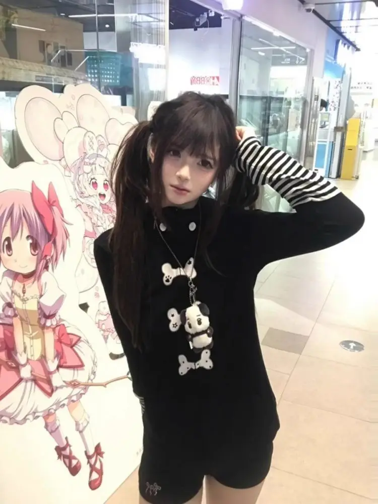 Y2k ボディコンアメリカンヴィンテージ長袖黒パーカーストライプ女性カジュアルパッチワークコート春秋甘い 2025 新着