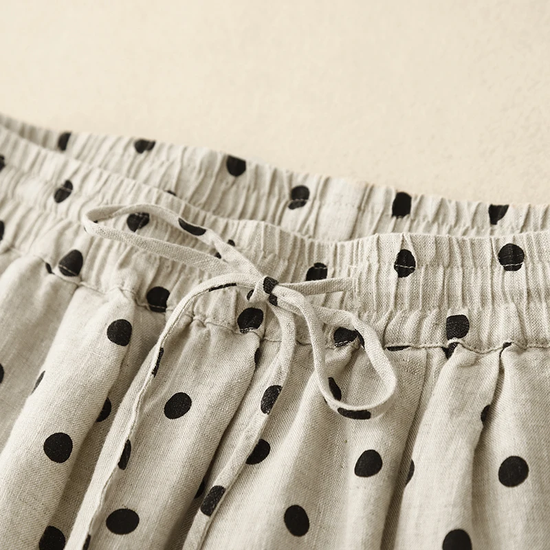 ハイウエストワイドレッグコットンリネンパンツ水玉プリントスリムナインポイントパンツプラスサイズ女性用カジュアル通勤スレ