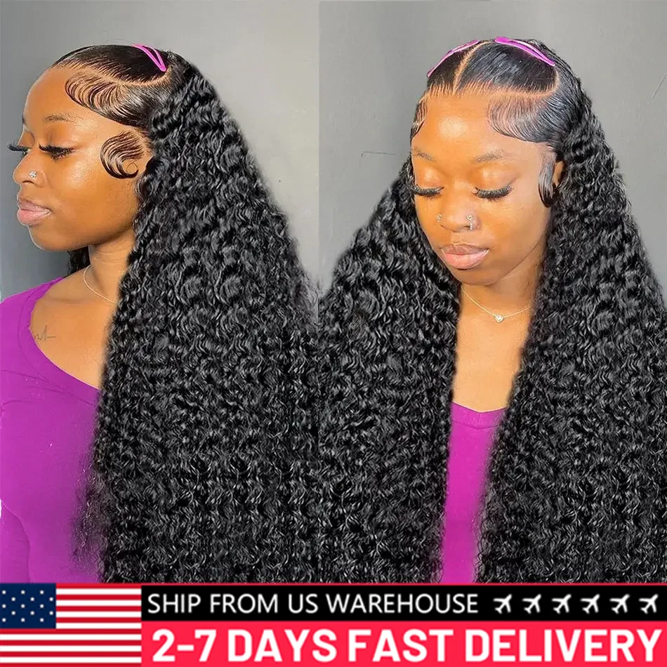 13x4 Deep Wave Lace Front Wig Human Hair 200 Density Transparent Lace Frontal Wig Pre Plucked with Baby Hair Natural Black Color