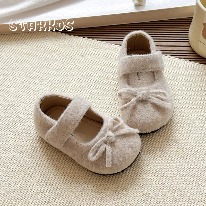 Toddler Kids Round Toe Soft Fleece Felt Ballet Flats Baby Girls Winter Warm Wool Mary Janes Child Bowknot Design Fluffy Shoes