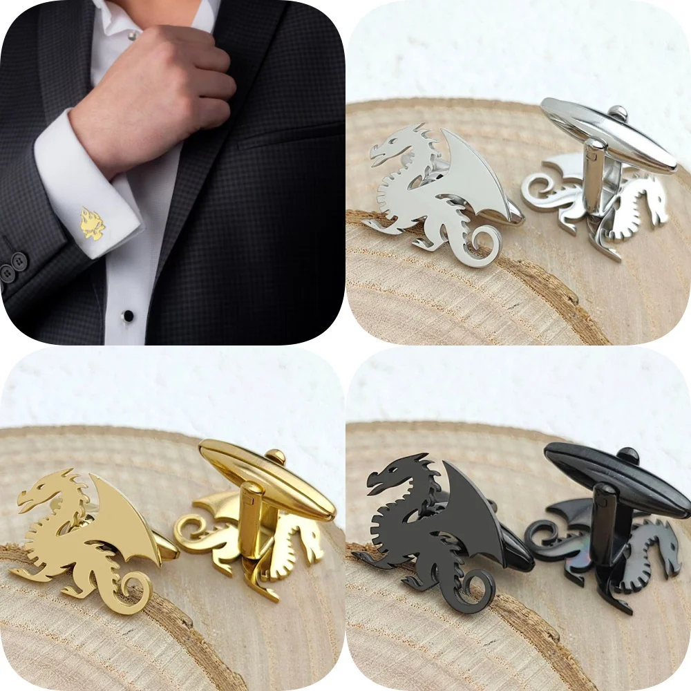 Gemelos originales de acero inoxidable chapado en oro de pterodáctilo, resistentes al agua y que no se decoloran, botones de camisa francesa, regalo para novio