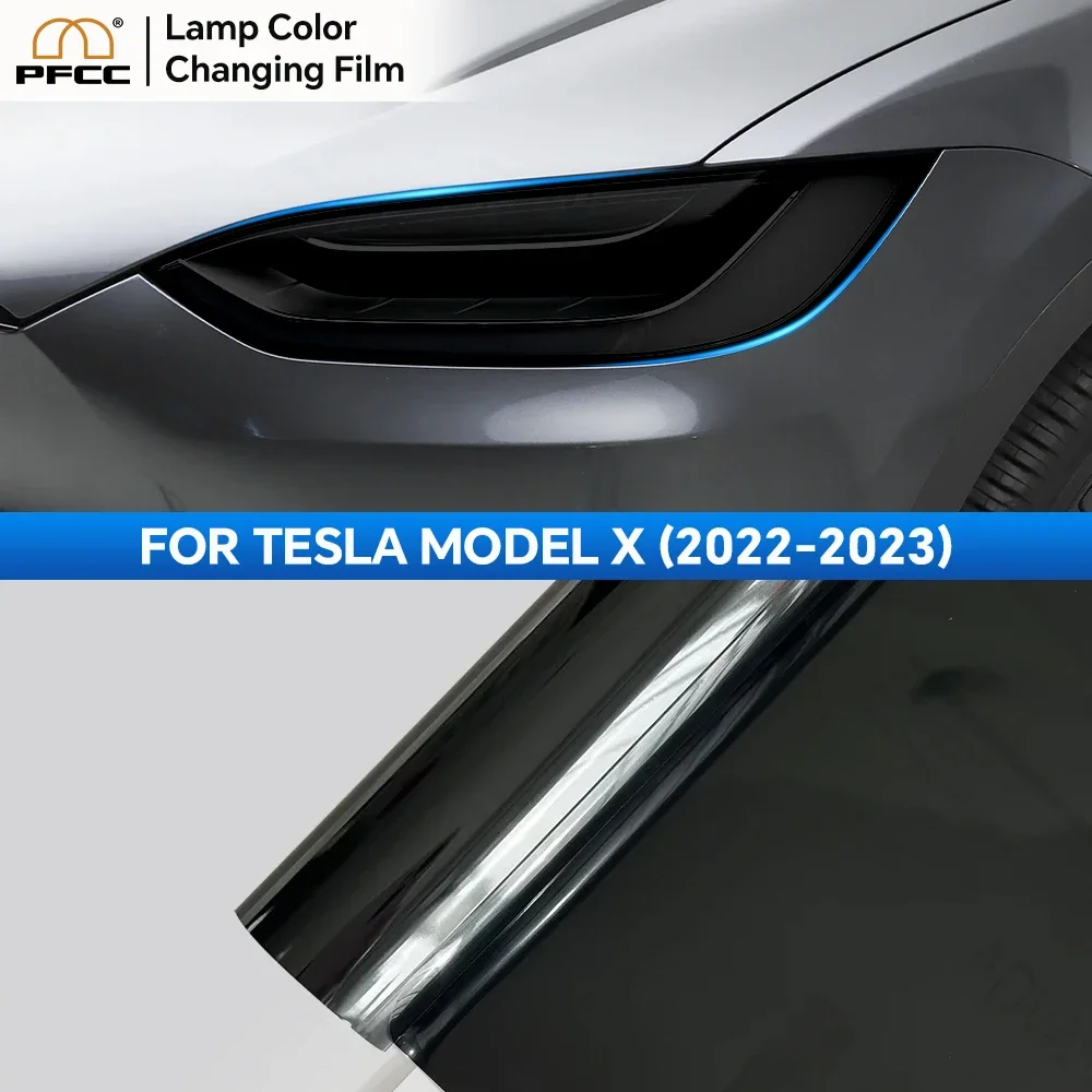 Pre Cut For Tesla Model X 2022-2023 Headlamp Sticker Light-sensitive TPU Color Changing Smoke Black Headlight Protector Film