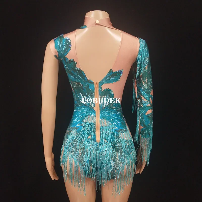 Sparkly Tassel Leotard Singer Dancer Show Stage Wear Blue Rhinestones Fringe Single Sleeve Bodysuit Women Sexy Dance Costume