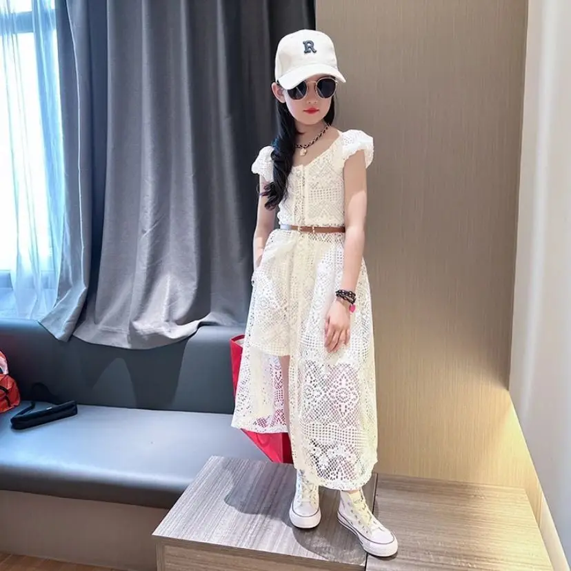 

2 Piece Set New Summer Korean Lace Hollow Set Fashion Solid Color Outwear Beautiful Dress Suit New Style