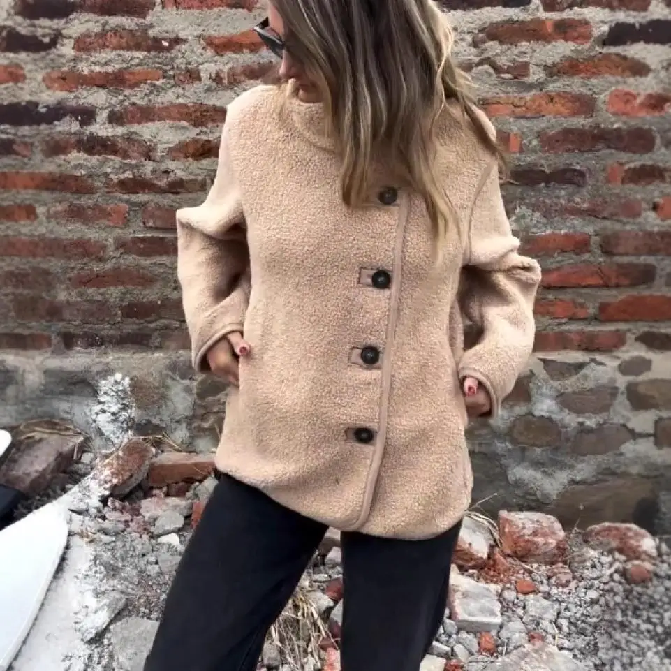 Warm Fuzzy Jacket with Button Loose Fit Collar Stand up Velvet Shirt Women's Gothic Style Medium Thickness Long Sleeve Coat