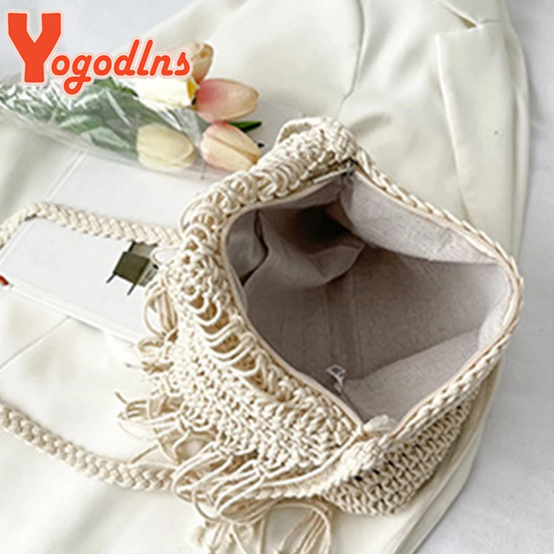 SummerTassel Straw Bag Women Handmade Woven Shoulder Bag Summer Kintted Beach Bag Vacation Lady Shoulder Bag Phone Bag