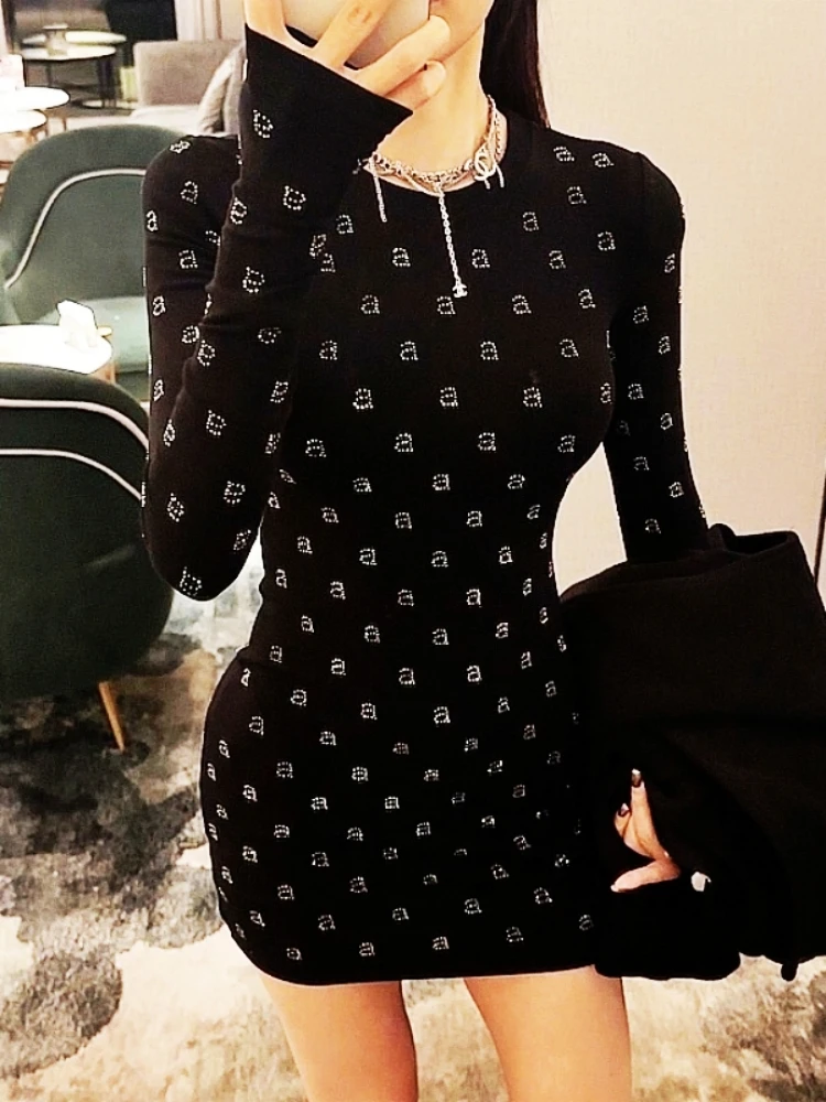 Wang's Style Baumwolle Elastizität Schlank Glänzende Diamant Schwarz Minikleid Für Frau Lange Club Abend Party Ärmeln Kleider Kleidung