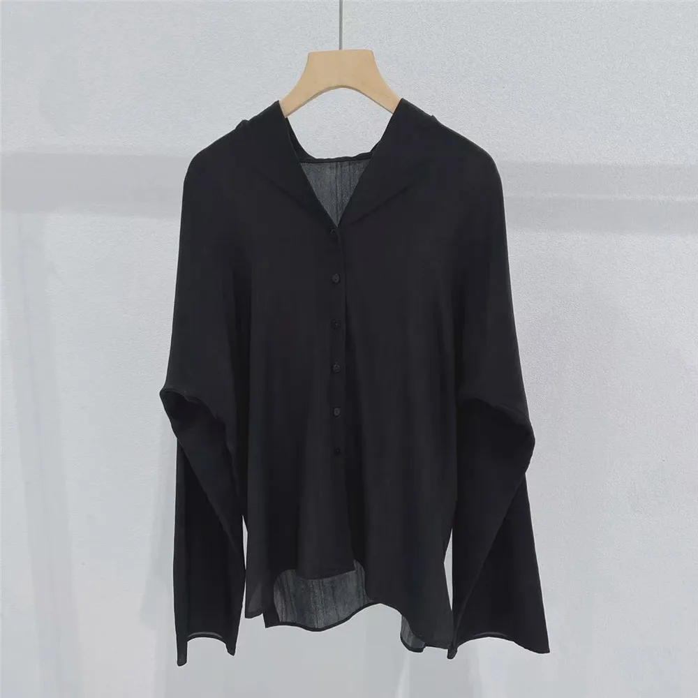 

Women's Clothing 25 Summer New Product Black V-neck Silk Wide Silky Smooth Versatile Tops And Shirts