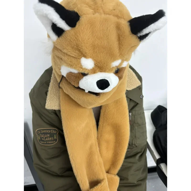 Cartoon Cute Lesser Panda Hat Scarf Gloves Set 3 In 1 Sets Winter Insulation Warm Soft Animal Cap Scarves Set Women Kids Gift