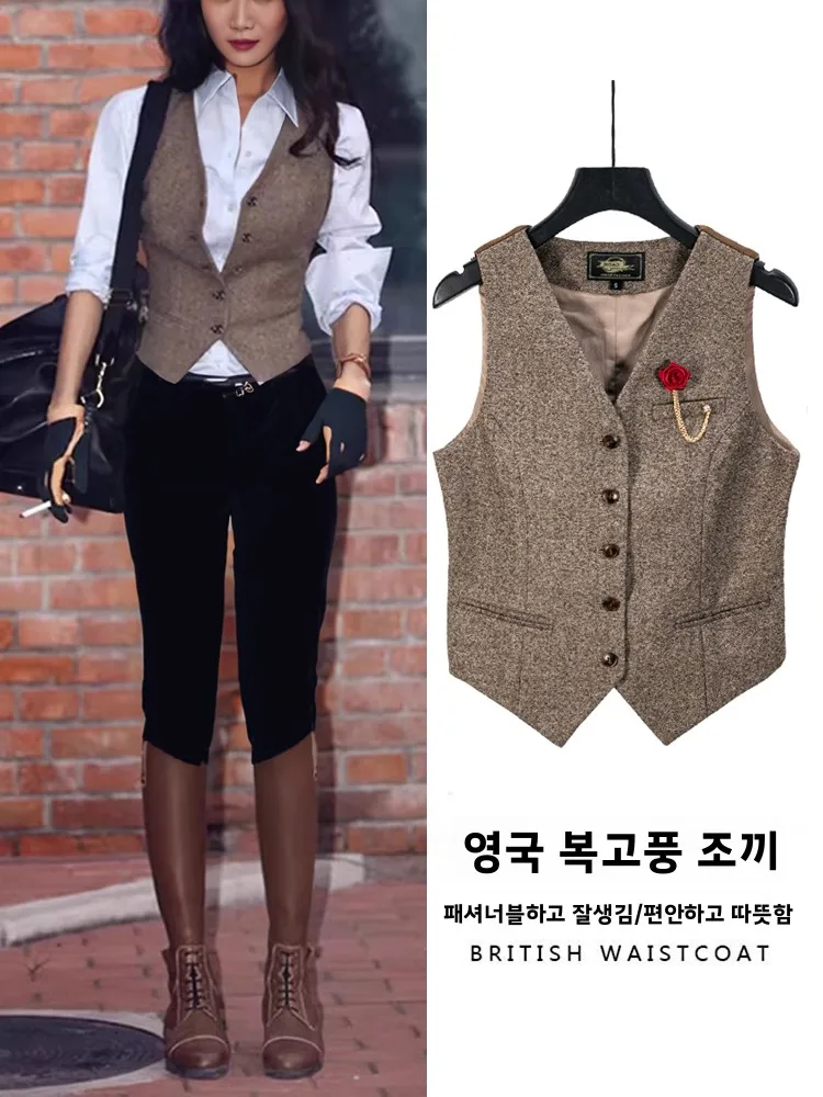 

Retro Briti Faion Commute Color Blo Single Button V-Ne Svel Women's ort Trendy Outerwear Slim Fit Vest