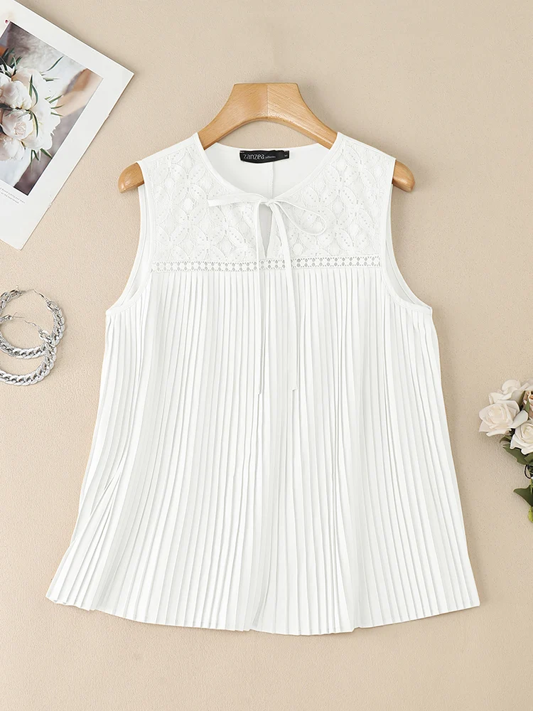 ZANZEA 2025 Summer Camis Women Stylish Holiday Tanks Tops Sleeveless Lace Patchwork Blouse Solid Pleated Work Shirt Mujer Femme