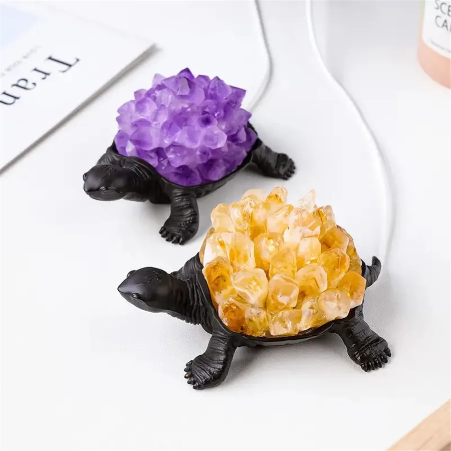 1pc Natural Crystal Amethyst Cluster Turtle Statue Original Gem Citrine Rough Raw Stone Crystal  Decorative