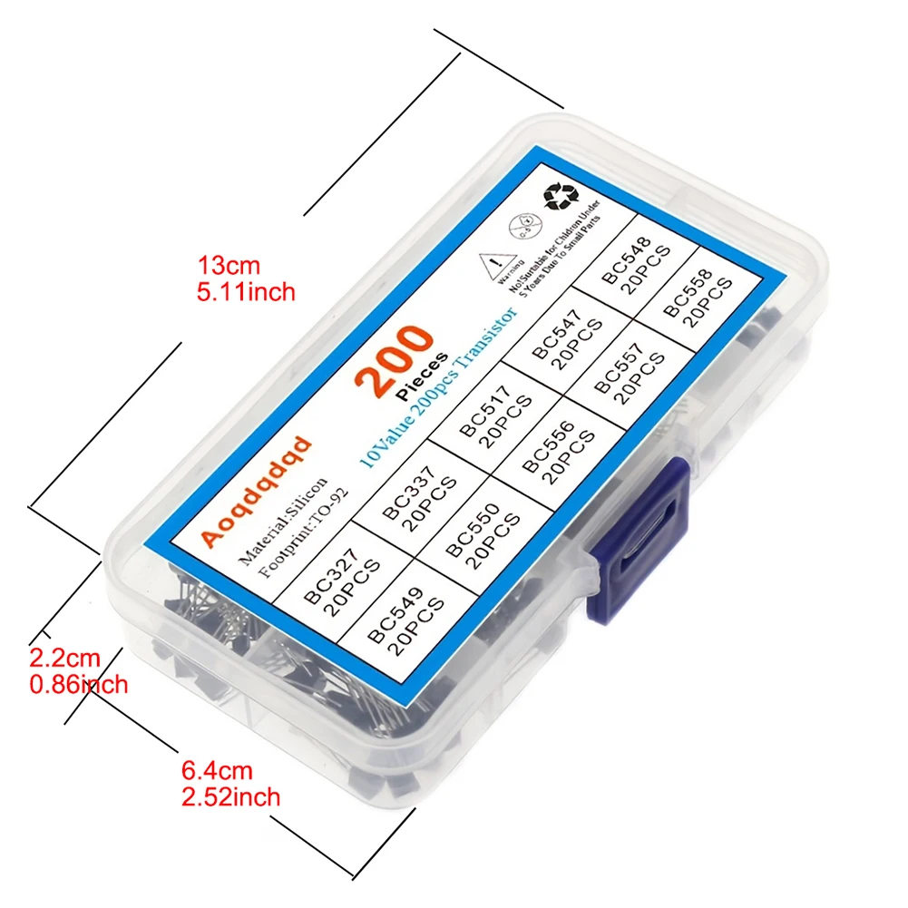 

10 Values 200Pcs Transistor Assorted Kit TO-92 Transistor Kit Assortment Box PNP NPN BC327 BC337 BC517 BC550 BC556 BC557
