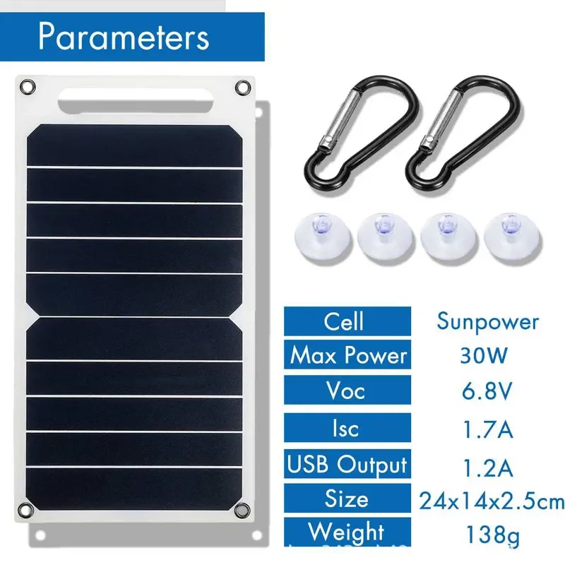 Painel Solar com USB, Impermeável, Ao Ar Livre, Caminhadas, Acampamento, Bateria Portátil, Banco de Carregamento do Telefone Móvel, 6.8V, 30W