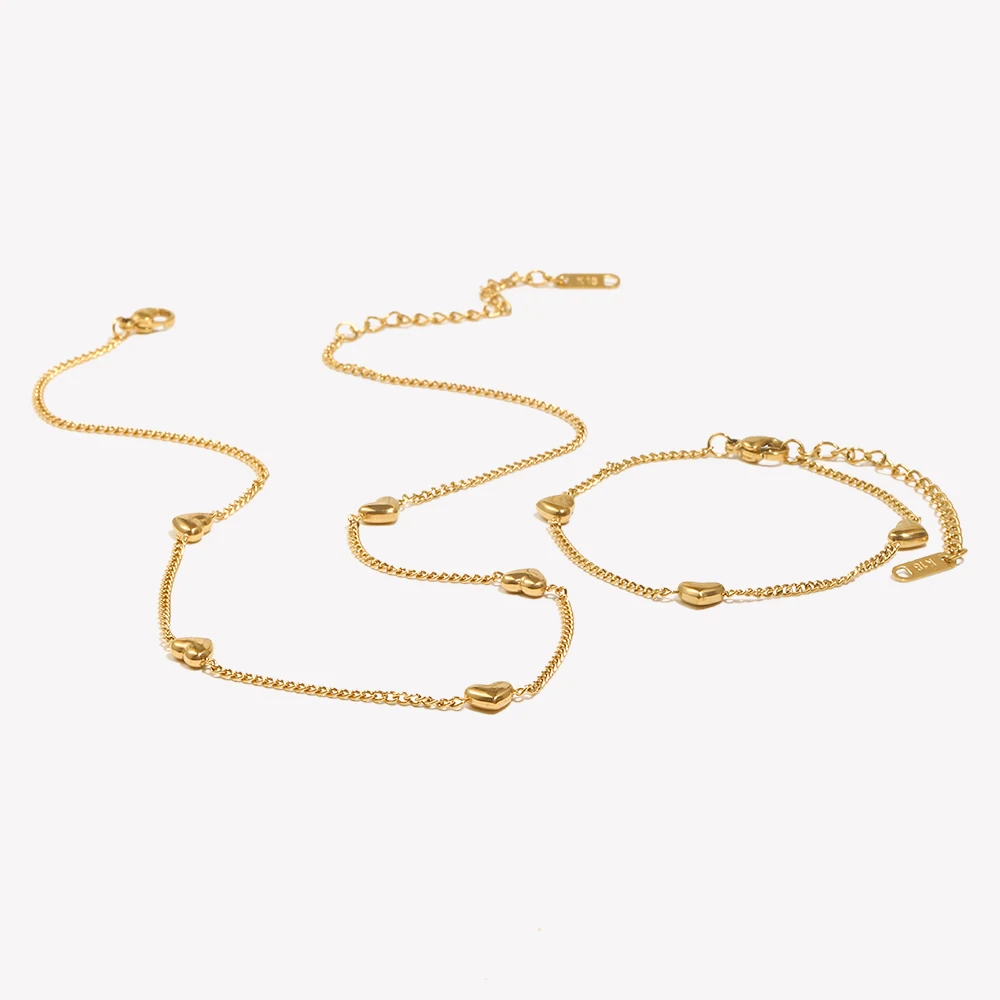 E.B.belle Heart Chain Bracelet Necklace Simple Stainless Steel Women\'s Hand Bracelets Sweet Style 18K Gold Plated Jewelry Set