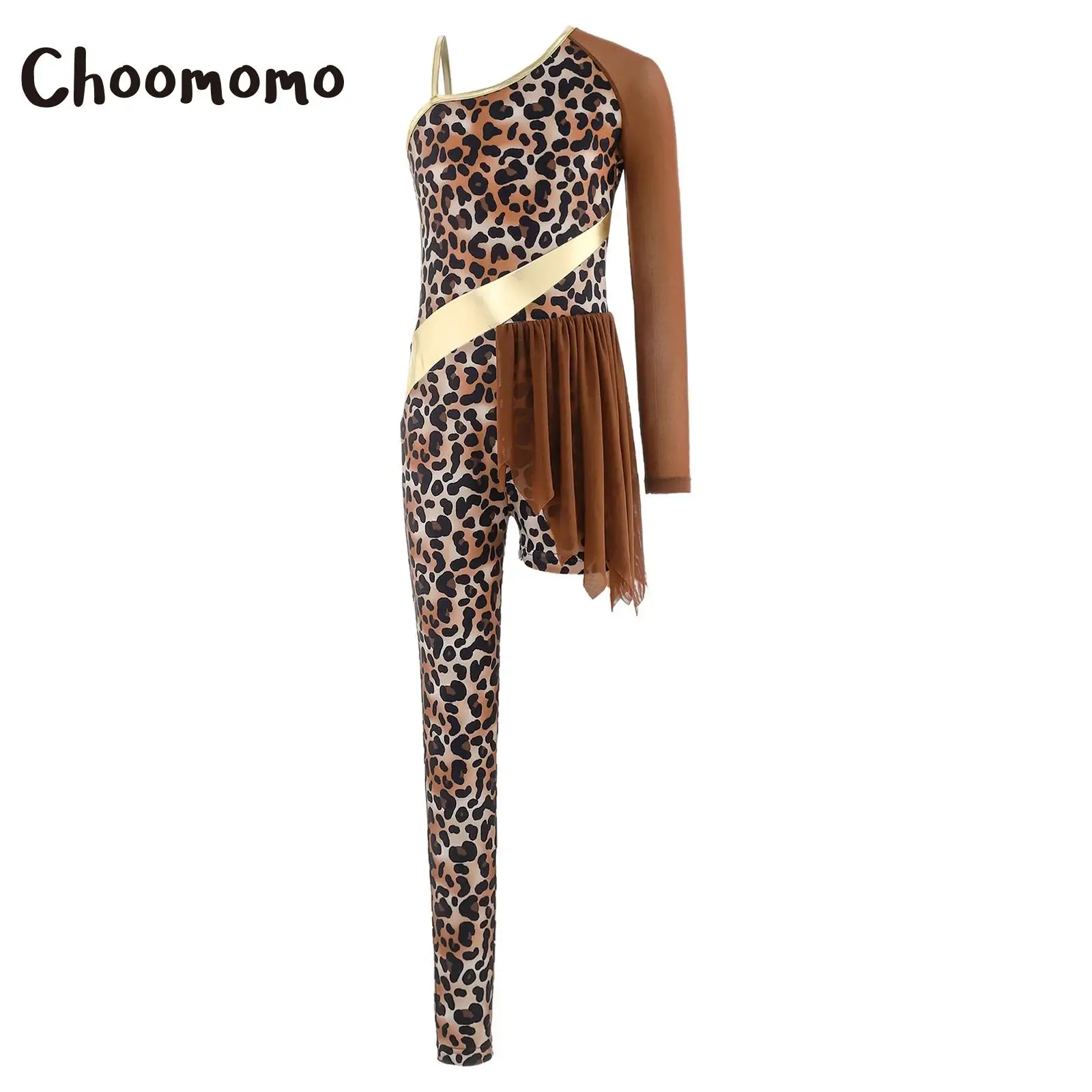 

Girls Indian Indigenous Costumes Asymmetrical Leopard Print Leotard Bodysuit Jumpsuit Caveman Savage Halloween Fancy Dress Up