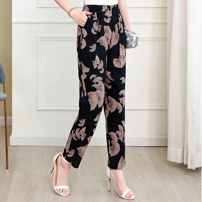 Casual Middle-aged Women Basic Trousers 2023 Summer Ankle-Length Harem Pants Female Bottoms Fashion Striped High Waist Pants