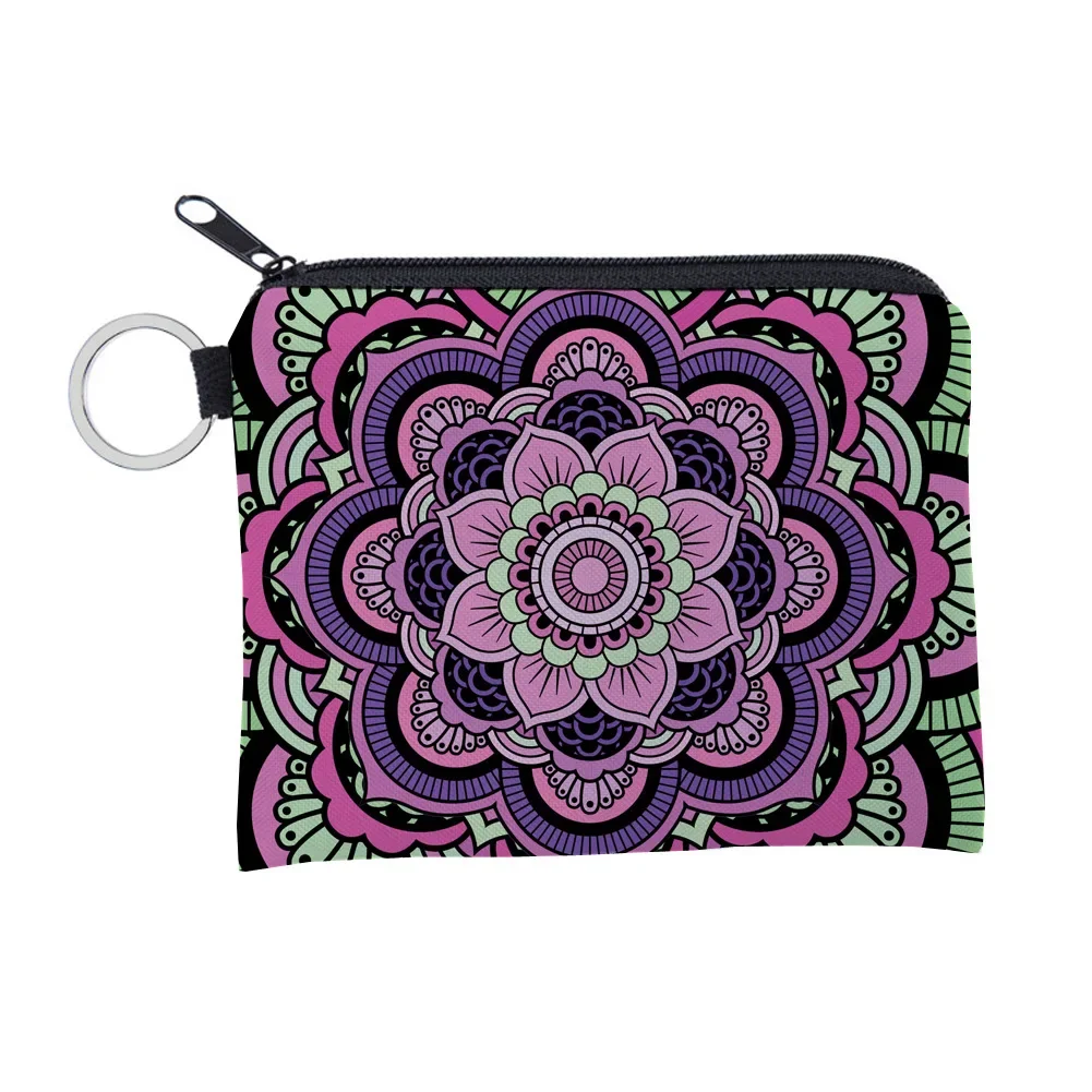 Bohemian Style Small Coin Purse Mini Wallet Coin Bag Datura flower pattern Print Waterproof with Zipper Keys Wallets for Women