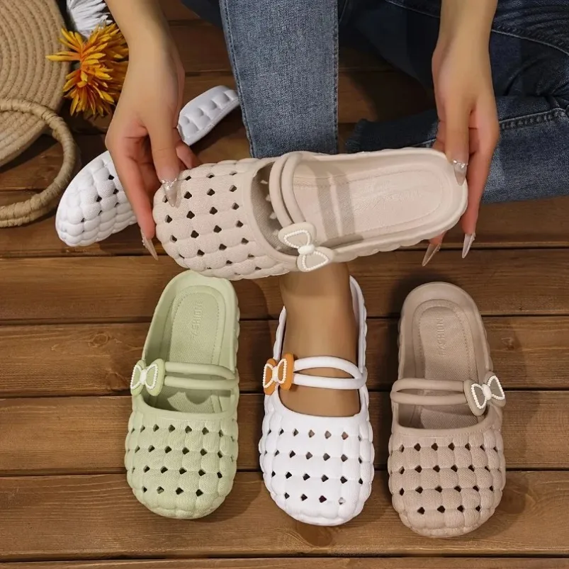 Woven Home Slippers Woman Cloud Bow Slides Outdoor Summer Sandal Ladies House Shoe Flat Female Flip Flop Platform Clapper Beach view 3