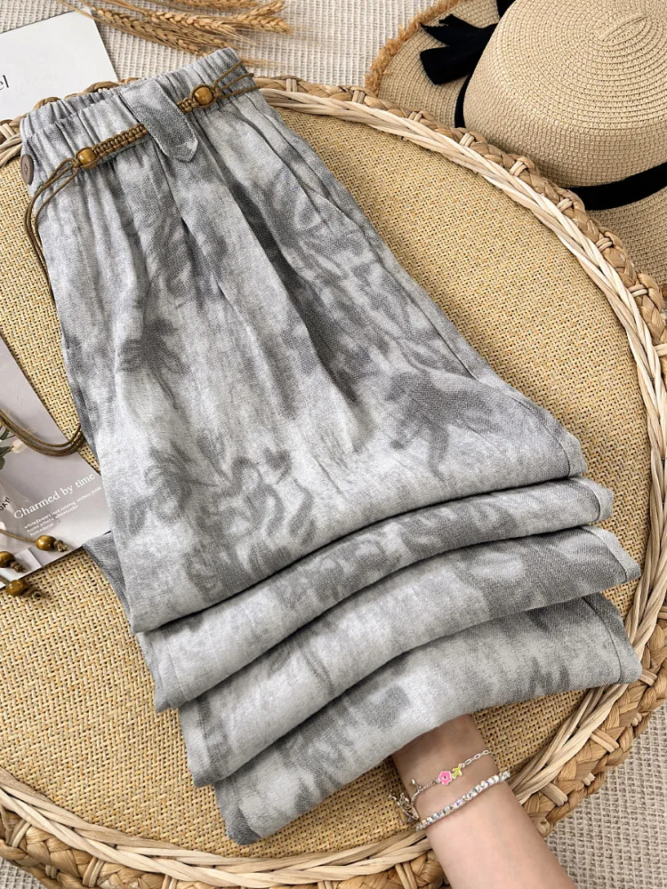 

Льняные широкие брюки для женщин, летние, тонкие, на резинке, с высокой талией, свободные, струящиеся, повседневные, из ледяного шелка, прямые брюки
