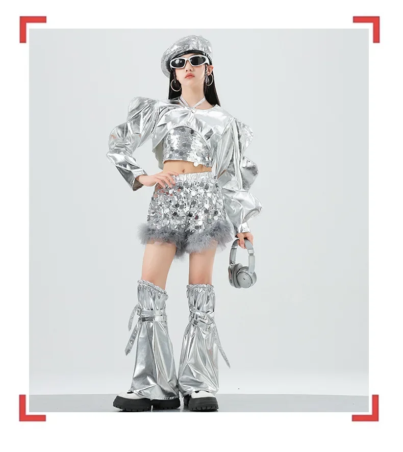 Mädchen Silbernes Pailletten-Jazz-Hip-Hop-Tanzkostüm Streetdance-Bühnenoutfit Glitzerndes Pailletten-Tanzoutfit-Set – Detail 12