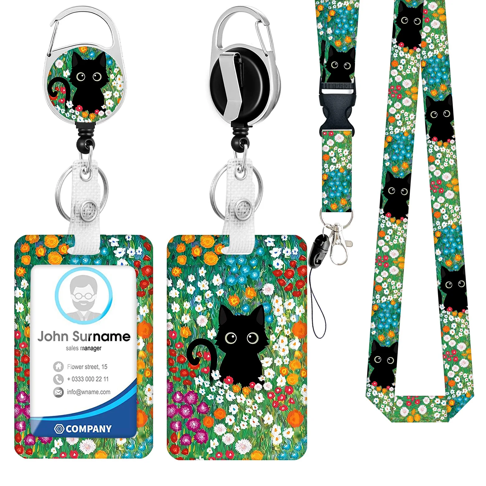 Imagem -06 - Cat Floral Badge e Reel Lanyard Conjunto para Mulheres Gato Preto Bonito Fácil Puxar Fivela Material de Escritório Estético