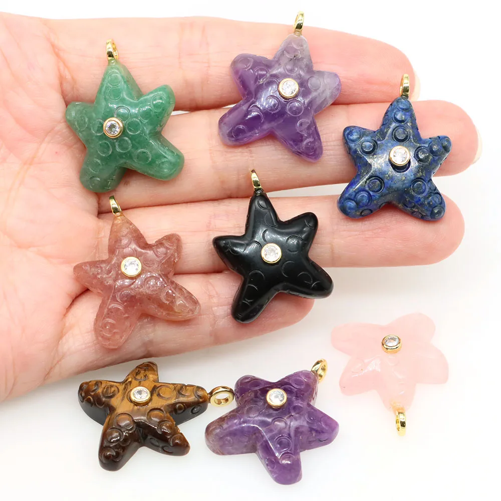 Starfish Shape Natural Crystals Stones Paved Zircon Charms Amethyst Rose Quartz Carved Gemstone for DIY Jewelry Accessory
