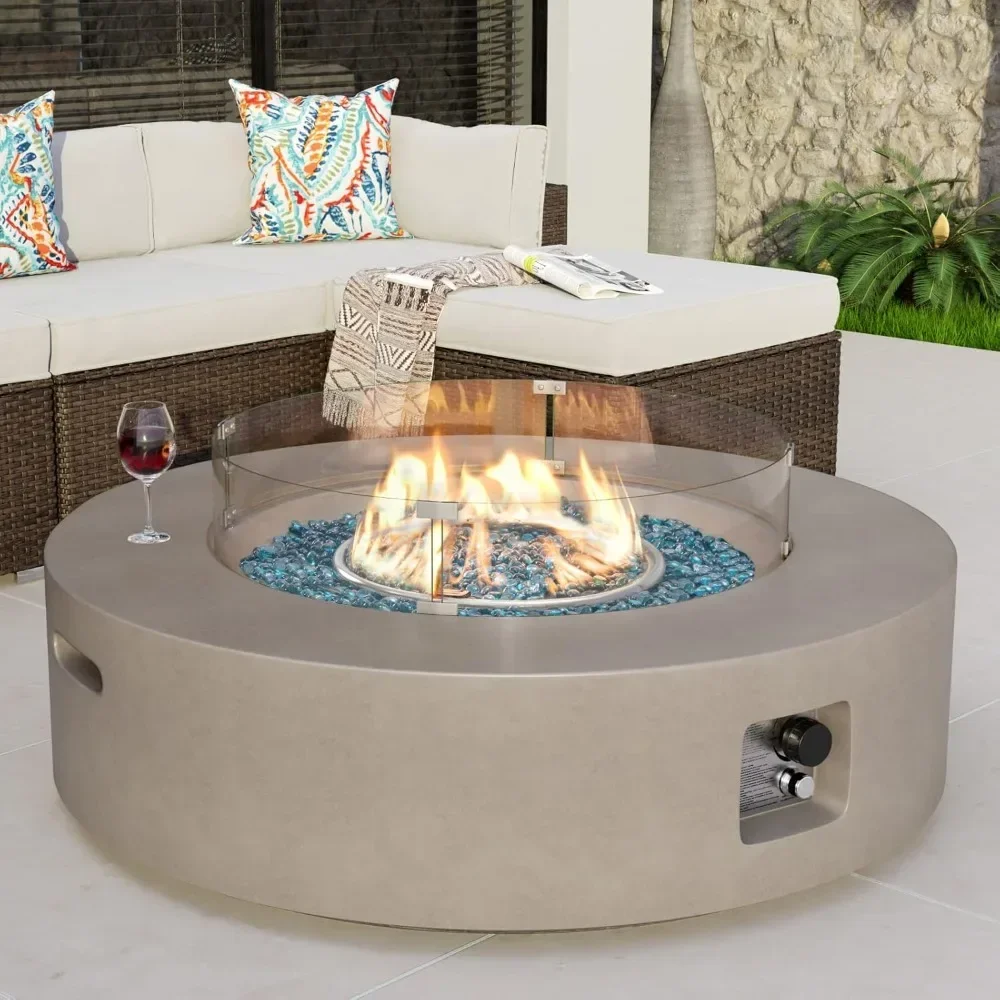 Outdoor Propane Fire Pit Coffee Table w Gray 40.5-inch Round Base Patio Heater, 50,000 BTU Stainless Steel Burner, Wind Guard