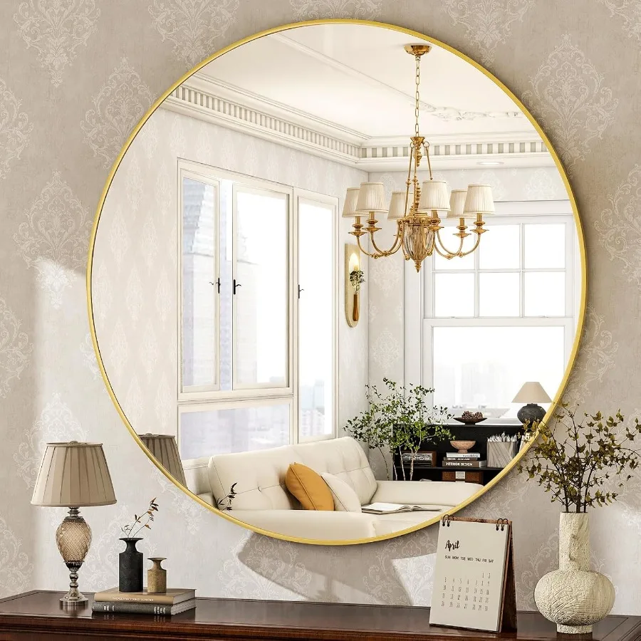 

Round Mirror 30 Gold Wall Mounted Circle Mirrors with Brushed Aluminum Alloy Frame for Modern Bathroom Living Room Vanity Bedro