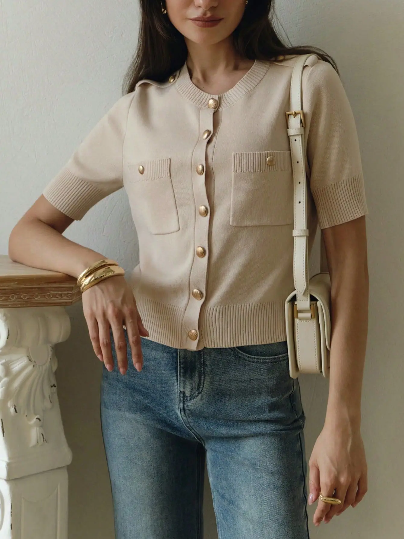 

EINY Women's Knitted Cardigan Short Sleeve Gold Buttons Slim Fit Stretchy Tops Elegant Casual Blouse Sweater T Shirt Outwear y2k