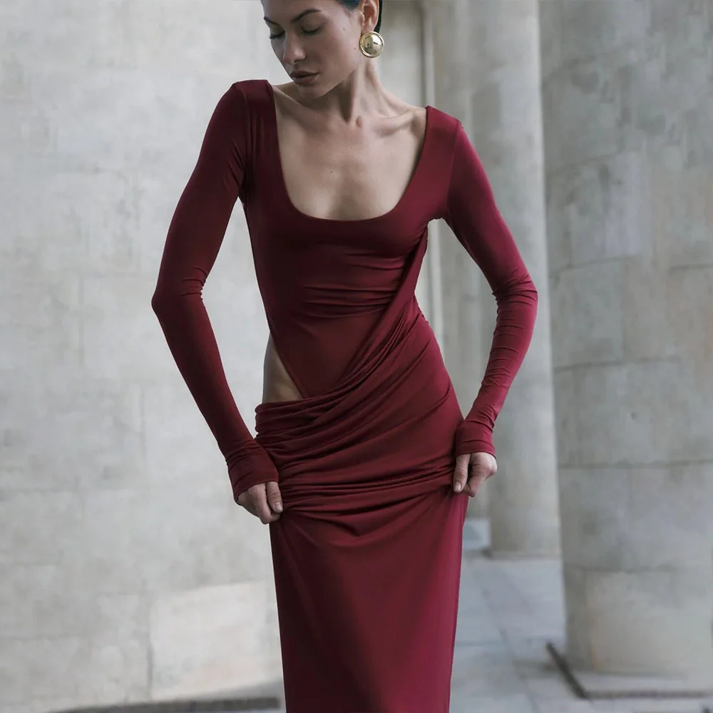 Abito lungo aderente per ragazza calda che espone la vita sexy sottile elegante di vendita calda dell'autunno 2025