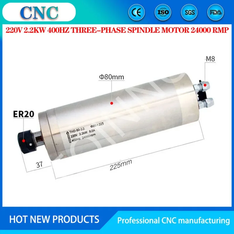 CNC 220v AC 2.2kw 8A φ 80 × 225MM ER20 24000rpm water-cooled engraving spindle motor 4 bearing THD-80-2.2