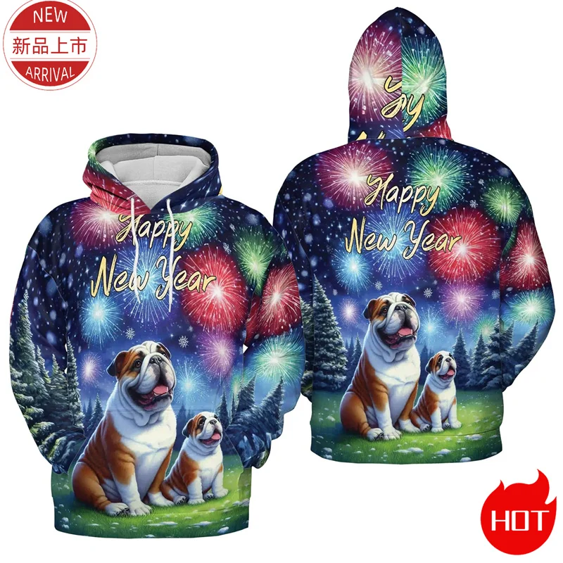 2025 Happy New Year 3D Print Hoodies Firework Cute Pull Terrier Corgi Graphic Hooded Hoody Fashion Streetwear Mens Clothing Tops