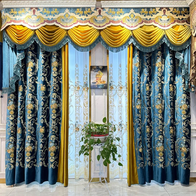 Custom European villa luxury palace shading bedroom blue velvet embroidery  cloth blackout curtain tulle valance drape C1597