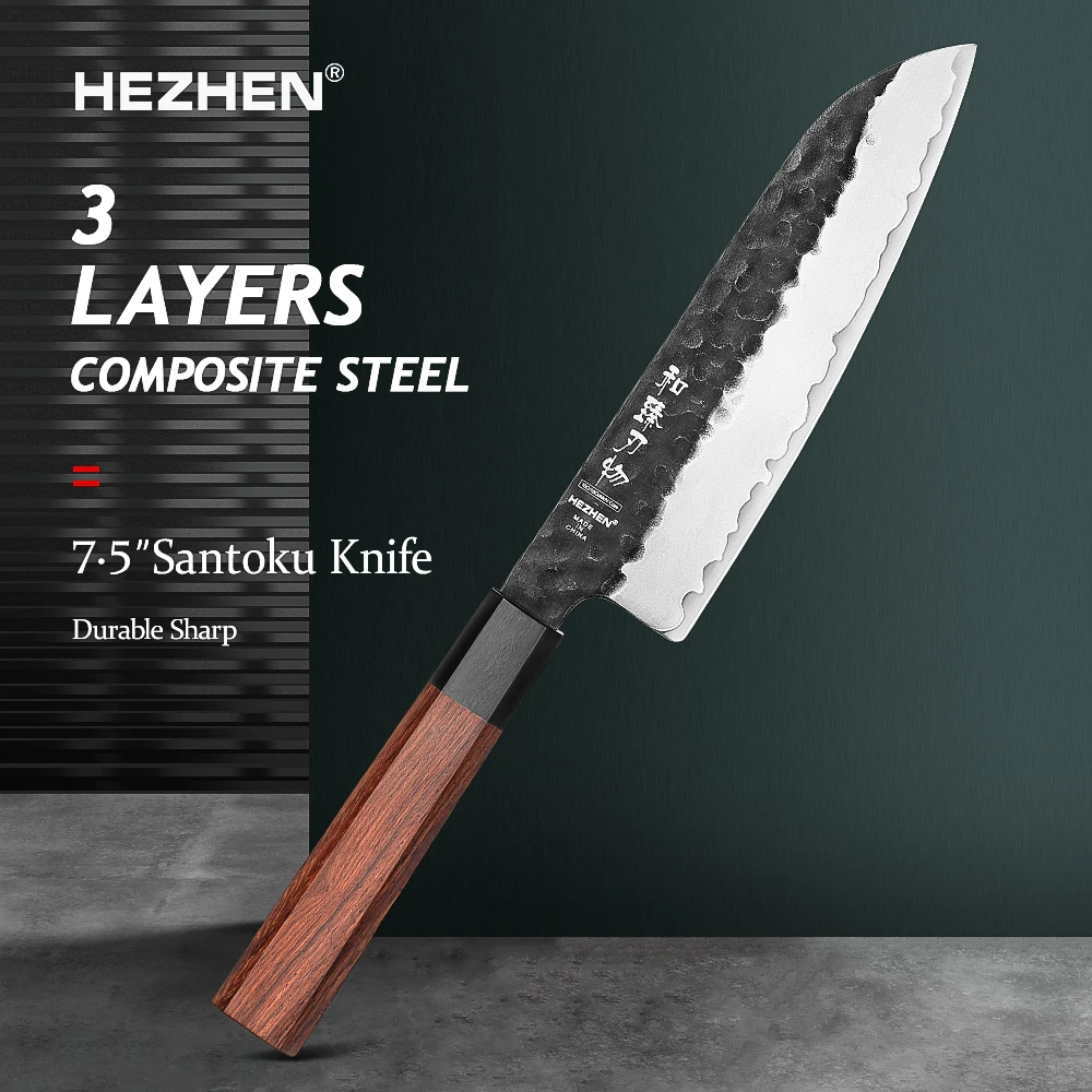 

HEZHEN 7 Inch Santoku Knife 10Cr15CoMov Composite Stainless Steel Kitchen Knives Cooking Tools Gift Box