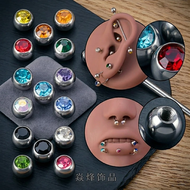 12PCS Stainless Steel CZ Replacement Balls DIY Accessories for Belly Lip Tongue Eyebrow Piercing Jewelry with Ball Grabber Tool