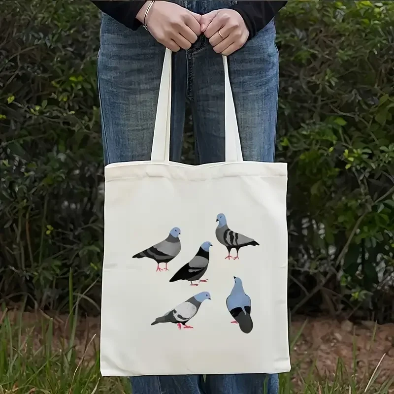 Flat Style Pigeon Group Canvas Tote Bag Bird Animal Pattern Reusable Shopping Shoulder Bag Ladies Casual Daily Handbag
