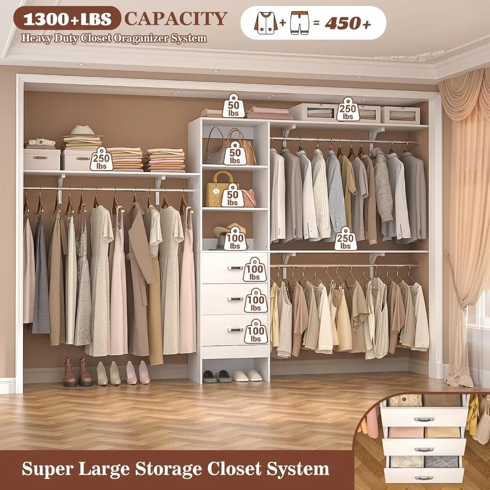 120 Inches Closet System, 10FT Walk In Closet Organizer with 3 Shelving Towers, Heavy Duty Clothes Rack with 3 Drawers