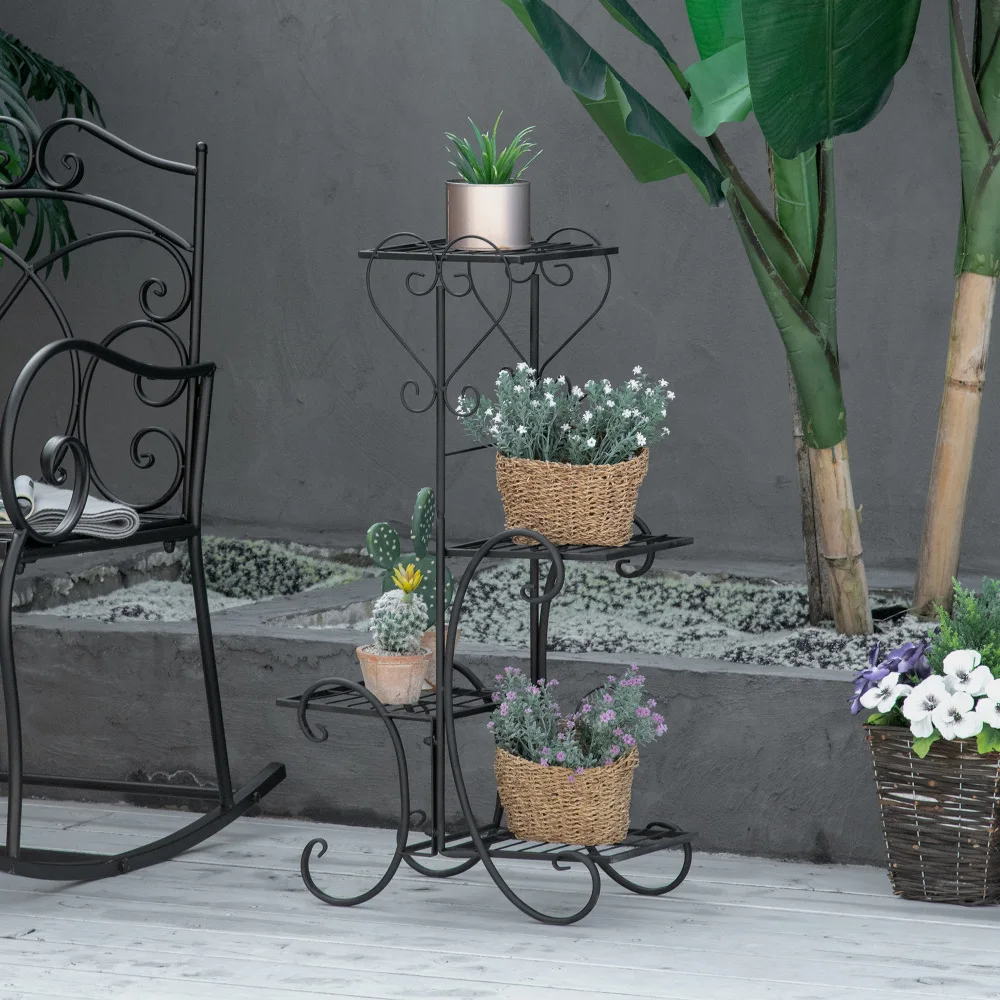 Étagère à fleurs en métal à 4 niveaux pour jardin, balcon, escalier à fleurs, noir, 45x24.5x80cm, décorative et stable