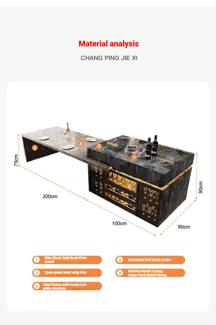 جزيرة مطبخ حجرية فاخرة قابلة للسحب، طاولة طعام قابلة للتمديد وبار الإفطار للمطبخ ذو الخطة المفتوحة، مقاومة للبقع