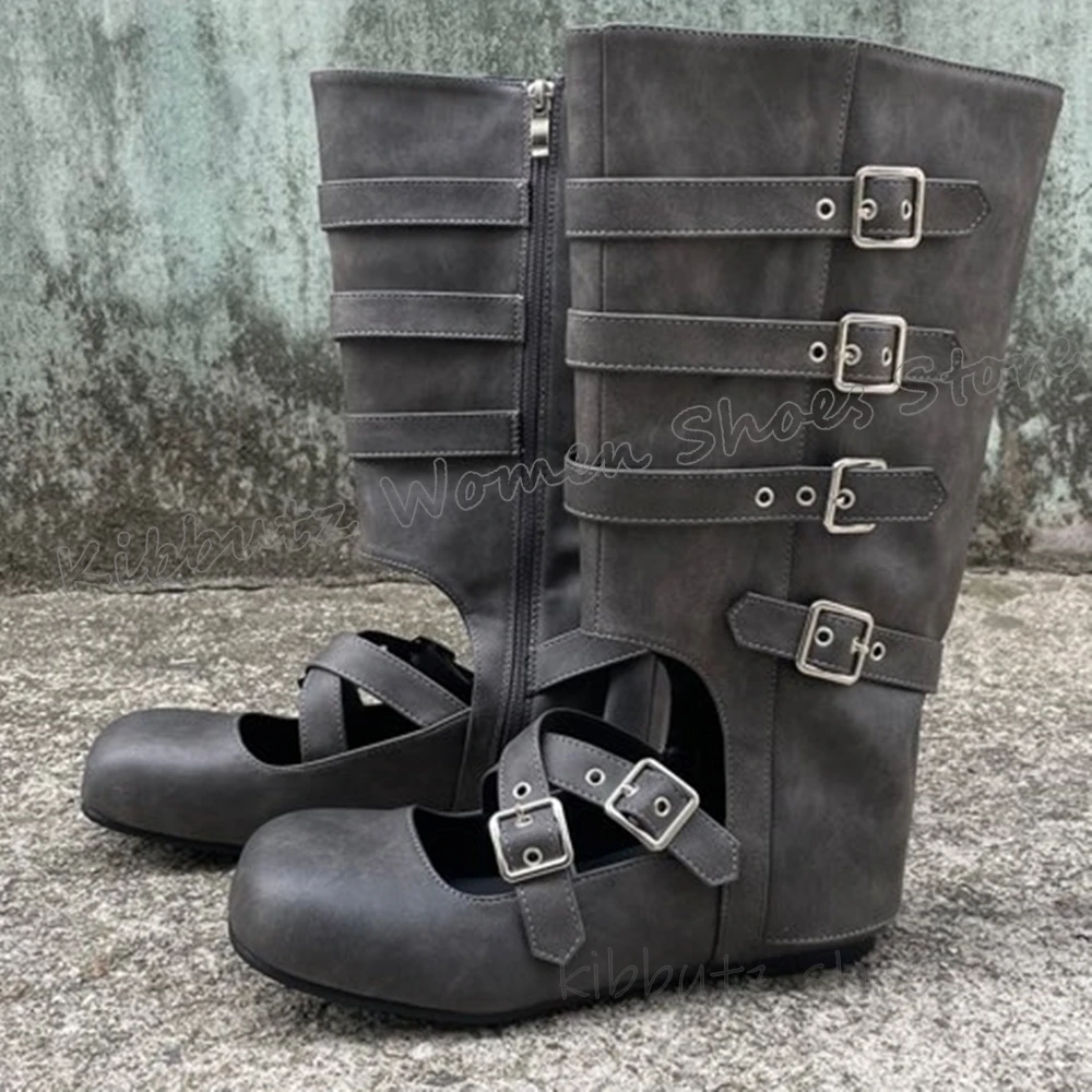 

Belt Buckle Pumps Boots Knee High Leather Solid Color Fashion Novelty Sexy Elegant Concise Women Shoes Square Toe Flat with New