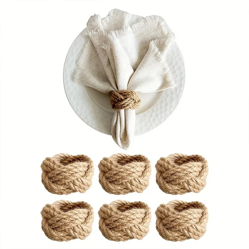 Servilletero de arpillera Natural, cuerda de yute, hebillas para servilletas tejidas, soporte para decoración de mesa de cena, fiesta de cumpleaños y boda, 6/12/18 Uds.
