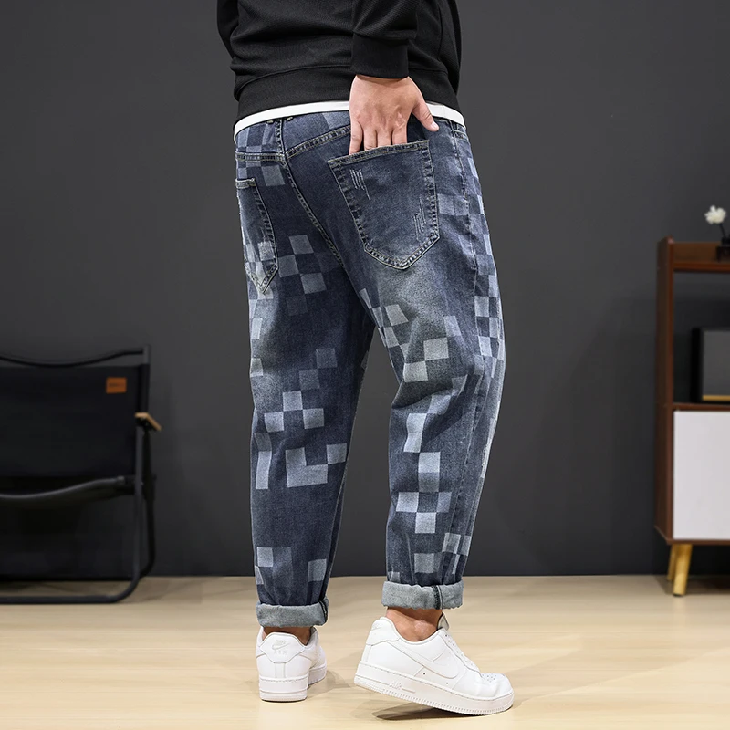 8XL oversized jeans men's fashion mosaic printing stylish stretchy plus size casual denim loose 150kg fat pants