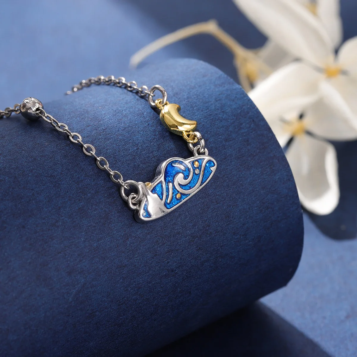 New Creative Van Gogh Star Personality 925 Sterling Silver Jewelry Blue Epoxy Gold Moon Cloud Clavicle Chain Necklaces  XL124