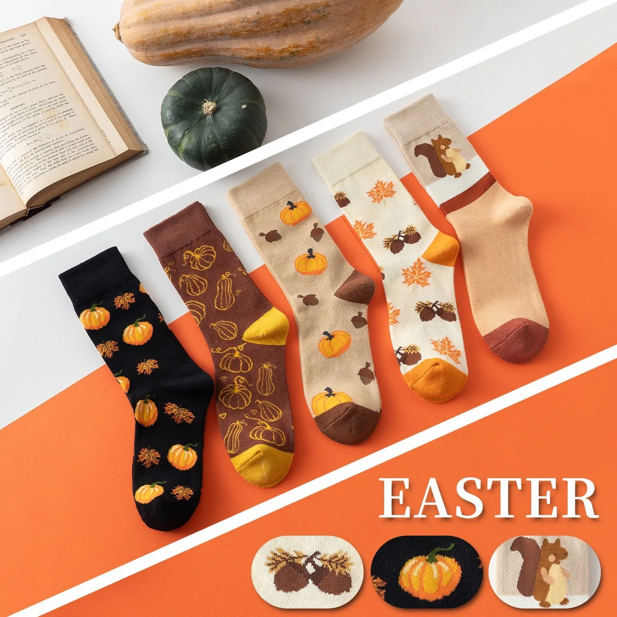 Image of 3/5 Paar Damen-Halloween-Socken, lustige Socken für Herbst und Winter, niedliche mittelhohe Socken mit Kürbis- und Eichhörnchenmuster, Oster-Socken.
