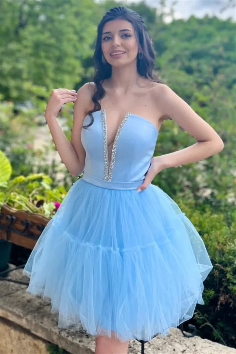 Jessica Azure Prom Dresses Satin Glitter Beading Princess Evening Dresses Mini Cropped Tulle Rite Of Passage Party Dress