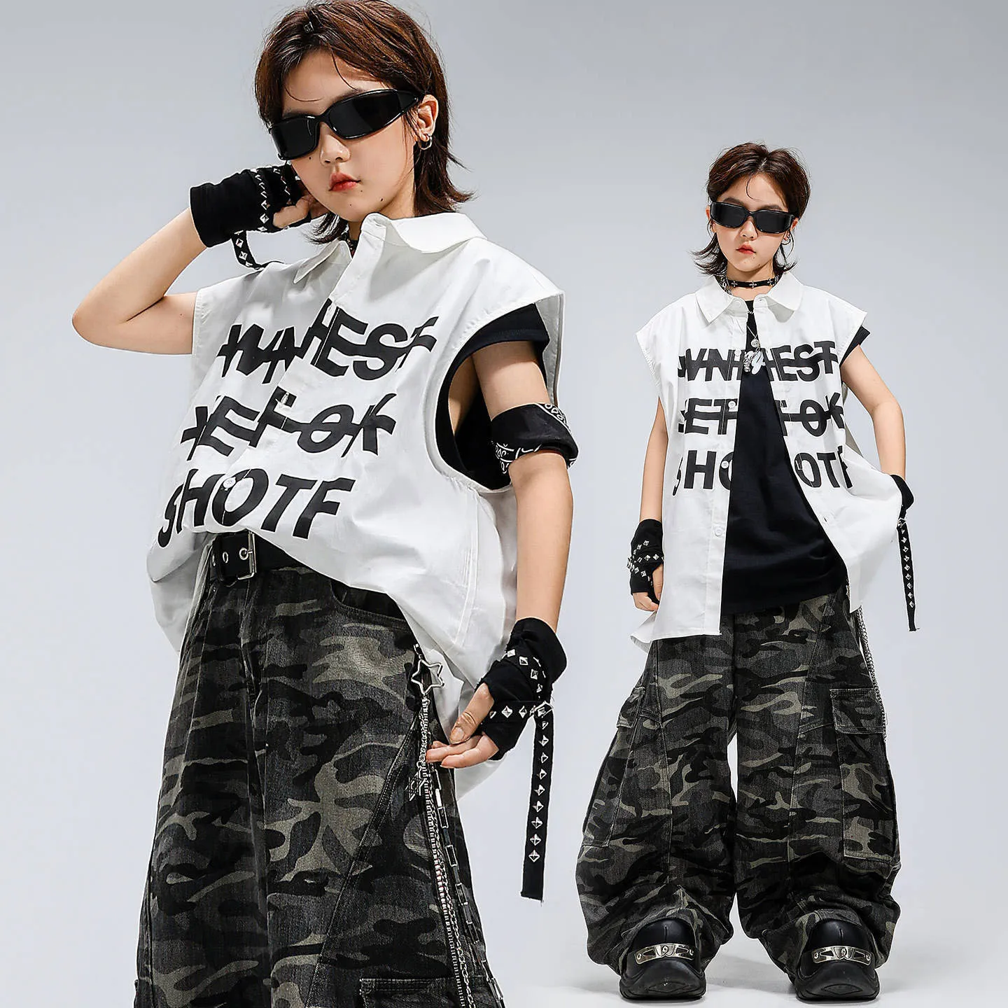 

Kid Kpop Hip Hop Clothing White Letters Sleeveless Shirt Camo Casual Baggy Cargo Pants for Girl Boy Jazz Dance Costumes Clothes