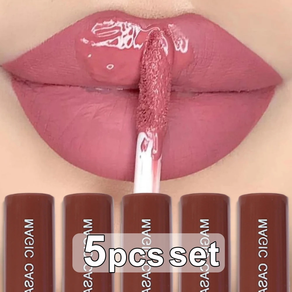 Korean Liquid Lipsticks Set 5pcs Lasting Sexy Red Waterproof Lip Gloss Velvet Nude Non-stick Cup Lips Tint Women Cosmetic Beauty